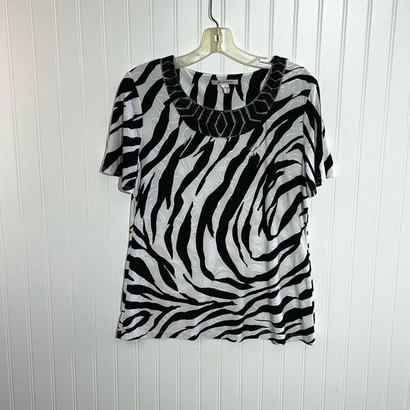JM Collection Pullover Top Womens Medium Black Printed Beaded Stretch Blouse - Picture 1 of 10